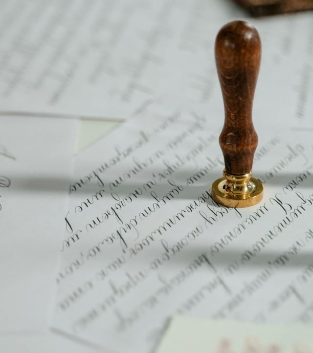 Vintage calligraphy papers with a wooden wax seal stamp, embodying timeless elegance.